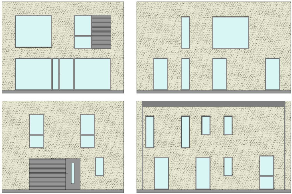 Ritning av husfasader med olika fönster- och dörrkonfigurationer. Modernt husdesign med stora glaspartier.