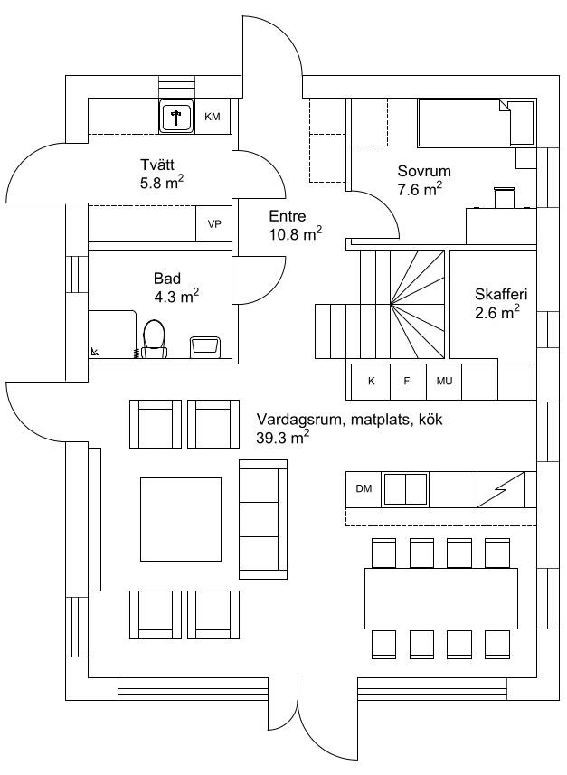 Planritning för första våningen i ett modernt hus. Visar vardagsrum, kök, badrum och tvättstuga.