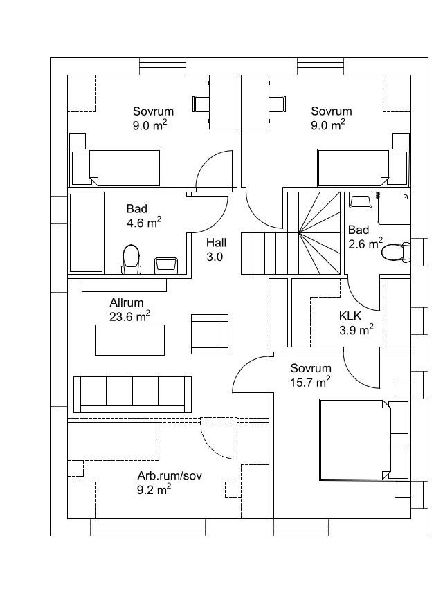 Planritning för andra våningen i ett modernt hus. Visar sovrum, badrum och allrum.